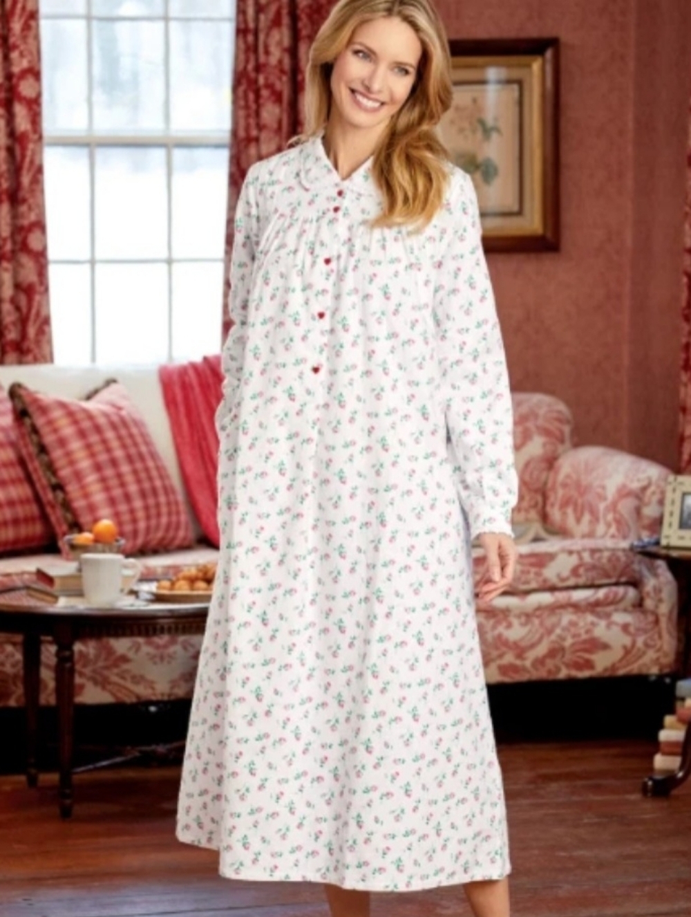 Lanz of Salzberg Pink Floral Rose Flannel Nightie Nightgown Women's Medium